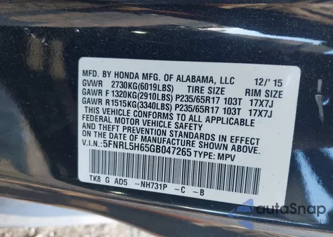 2016 Honda Odyssey Ex-L из США, поврежденный, VIN 5FNRL5H65GB047265